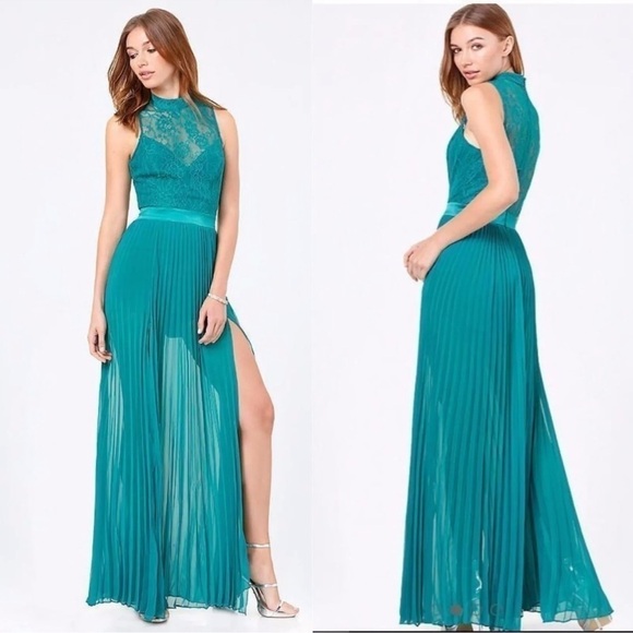Bebe Women's Lace Chiffon Pleated Maxi Dress High Slit Romper Sheer Teal 2 - Picture 1 of 12